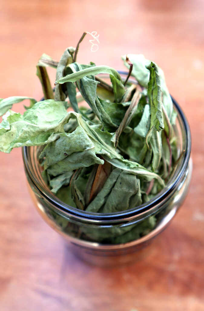 Image shows a clear glass jar on a timber surface. The jar is full if dried dandelion leaves. The shot is taken from above.