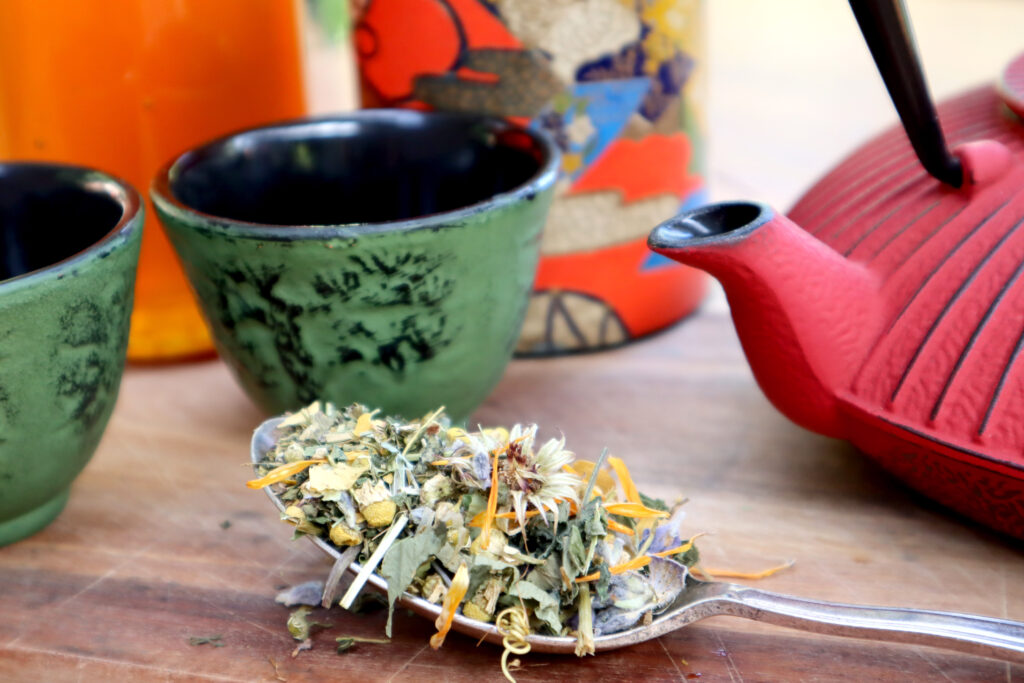 Nervous/Immune System Healing Tea is shown on a rustic timber surface. Loose tea is shown up close on a vintage silver spoon. In the background, there is a red cast iron teapot, two green cast iron cups, a vintage japanese tea canister in several colours, and a clear glass jar of honey.