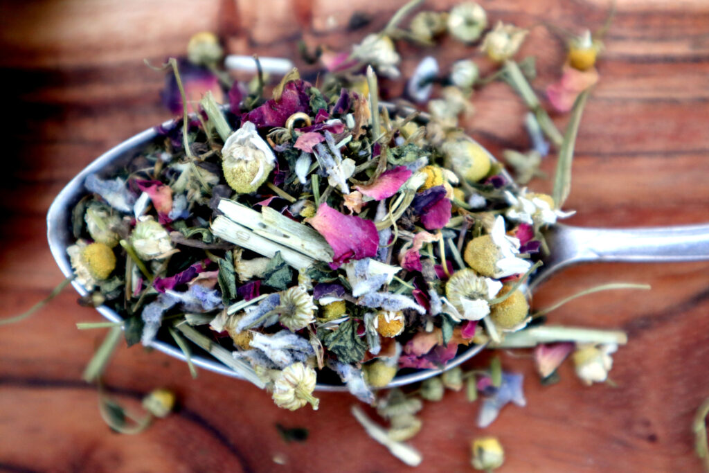 Closeup of Uplifting Herbal Tea displayed on a rustic timber surface. Loose tea is spilled over a large vintage silver spoon onto the timber surface. The dried Tea contains green elements, chamomile flowers, dark pink rose petals, and crumbled lavender flowers.